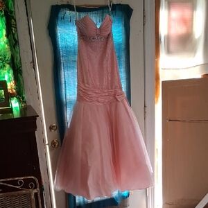 Strapless Pink Formal Tulle Gown with Beaded Bodice